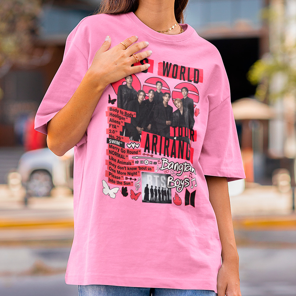Camiseta Bts Bangtan Look Feminino Army Turnê Arirang Tracklist Camisa Blusa Algodão Premium