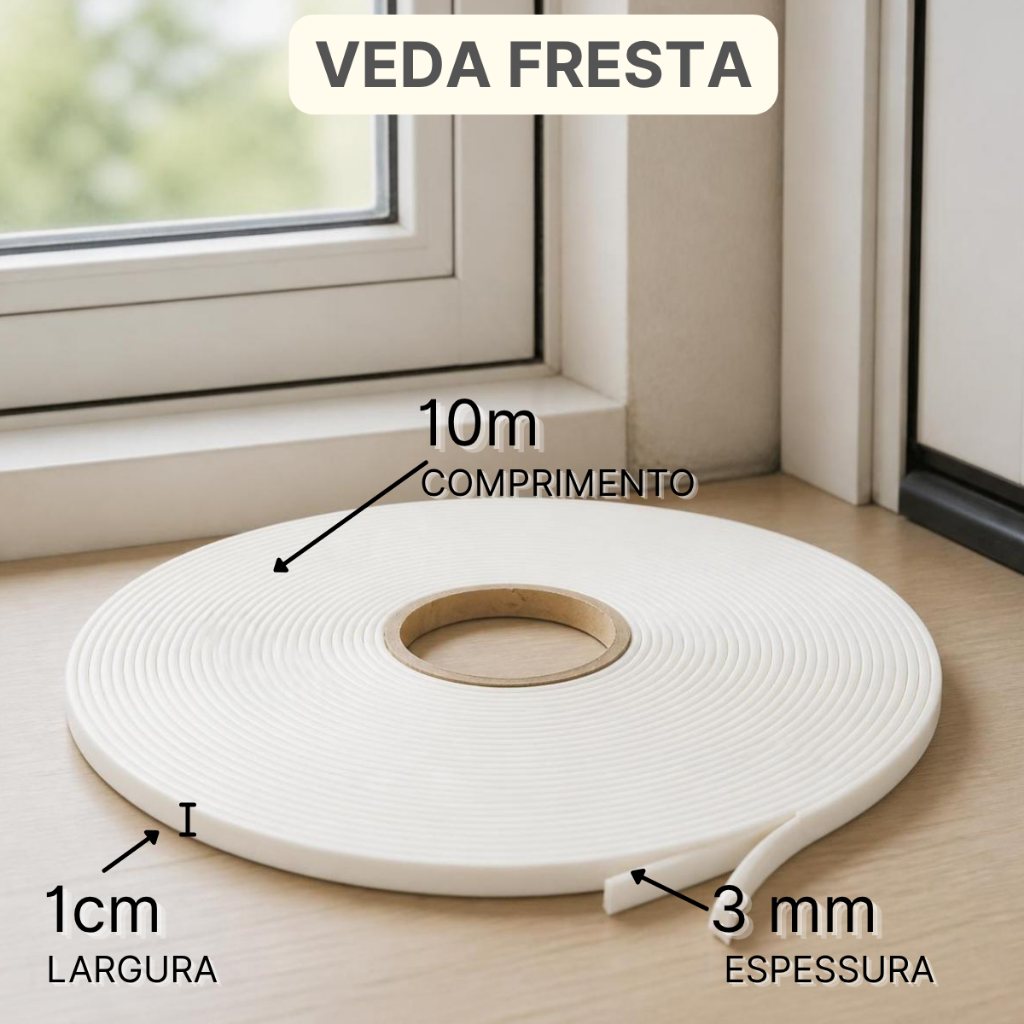 Fita Vedação Autoadesiva Branca Portas Janelas Anti-Vento Poeira Inseto 1cm x 3mm x 10m