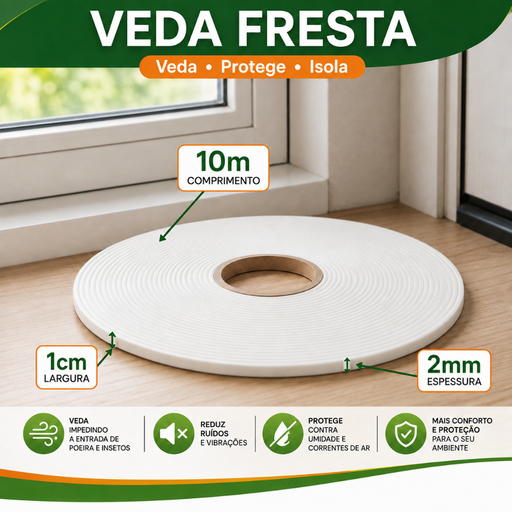Veda Fresta Fita Vedação Autoadesiva Branca Portas Janelas Anti-Vento Poeira Inseto Ruídos 1cm x 2mm x 10m