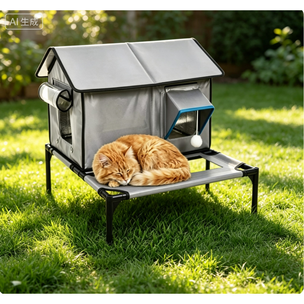 Abrigo Elevado Dobrável para Gatos ao Ar Livre, Resistente a Intempéries e Rasgos, com Almofada de Aquecimento Automátic