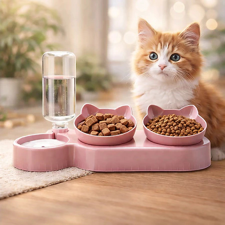 3-in-1 Elevated Pet Feeder and Waterer in Pink/Blue with Removable Bowls and Automatic Refilling
