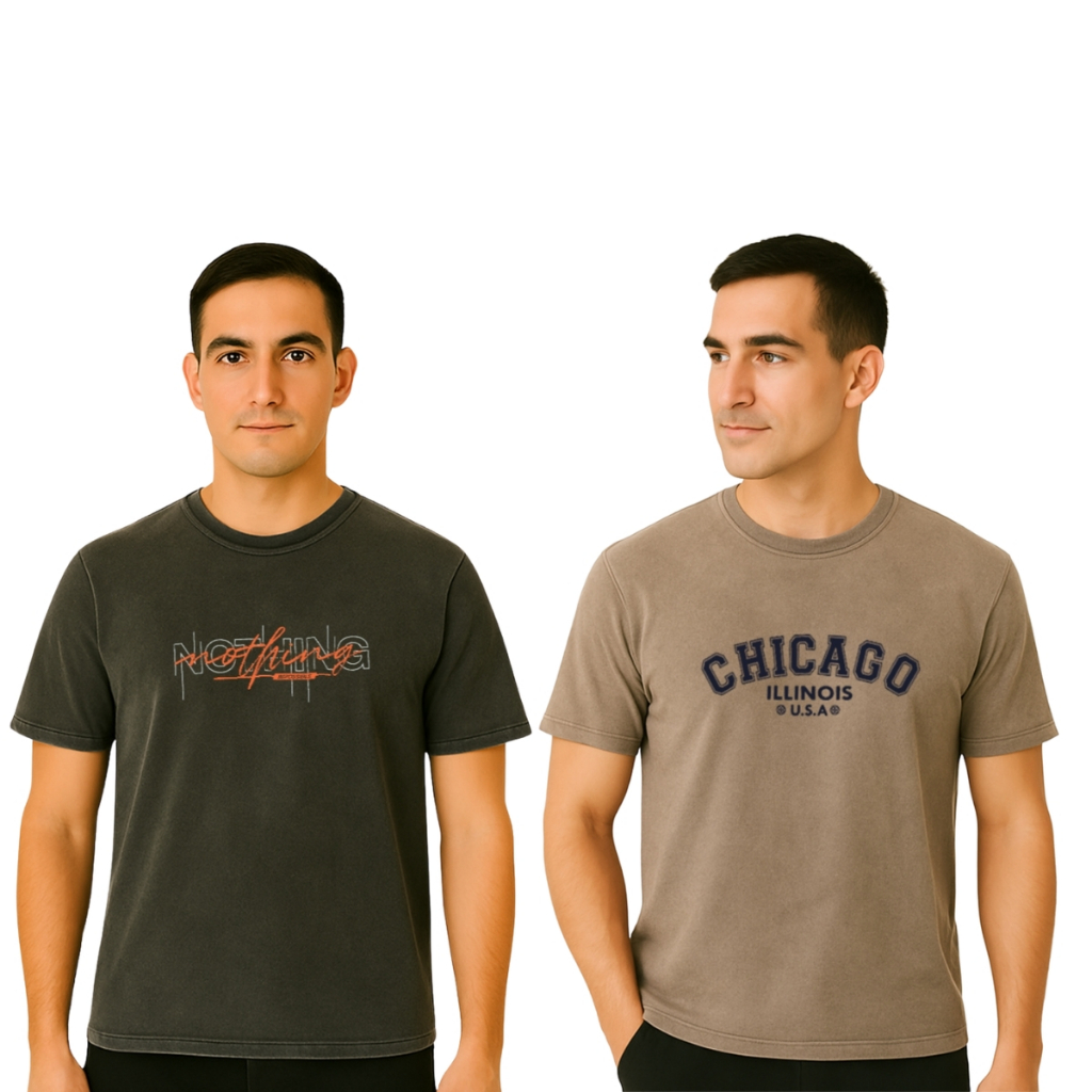 KIT 2 CAMISETAS ESTONADAS MASCULINAS SORTIDAS - 100% ALGODÃO PREMIUM - ESTAMPA MINIMALISTA