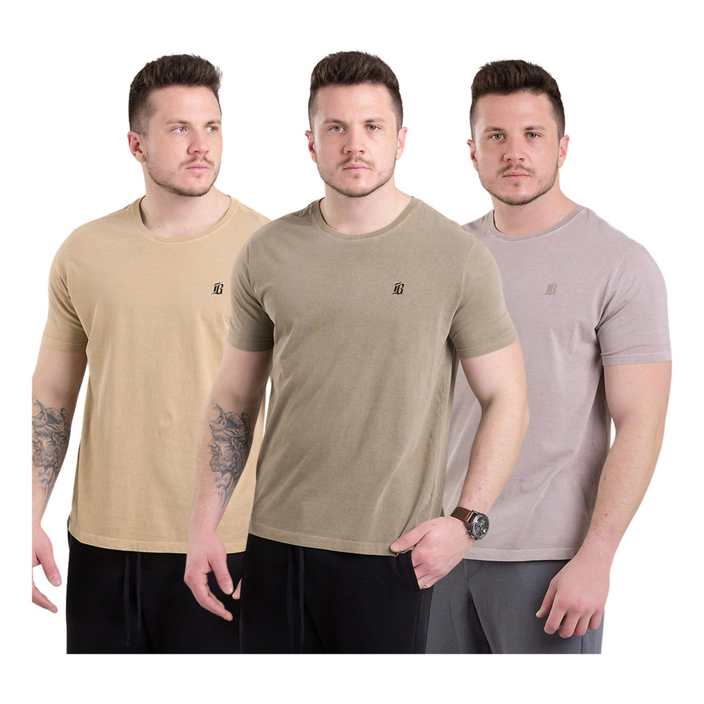 Kit 3 Camisetas Masculina Estonada Cores Claras Algodão Top