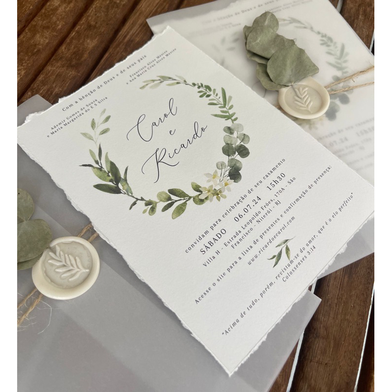 10 convites em papel semialgodão verde oliva com lacre de cera as