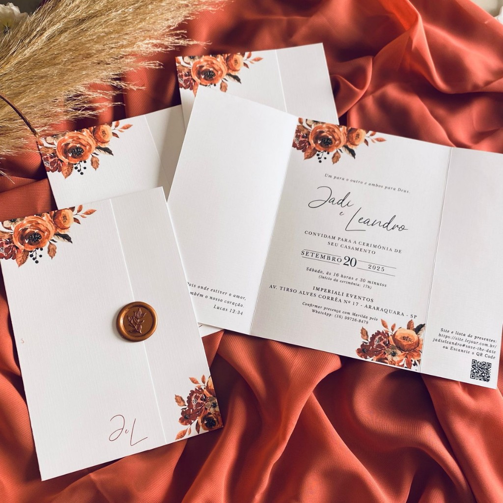 Convite de Casamento Floral Terracota com Lacre de Cera | Papel Texturizado 240g