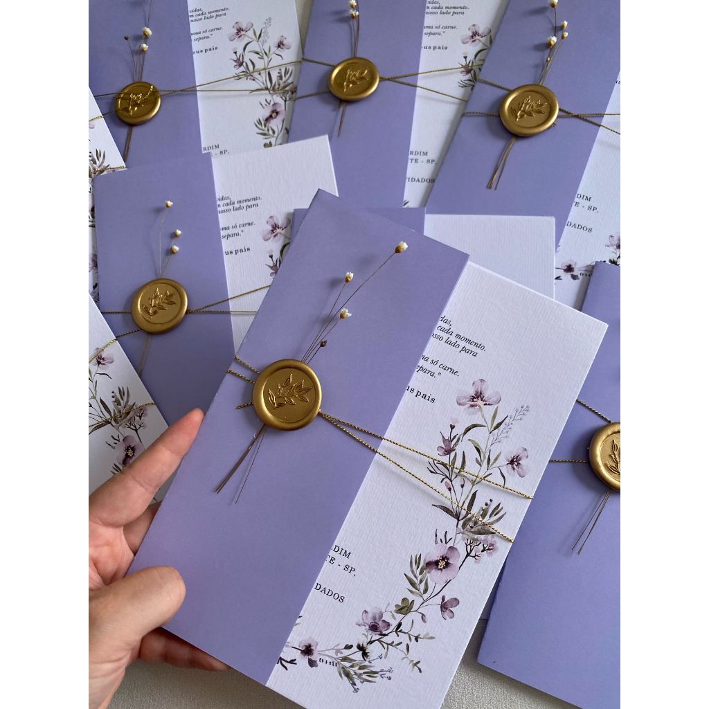 Convite de Casamento Lavanda com Lacre de Cera e Detalhes Naturais - Casamento - Bodas  - Noivado