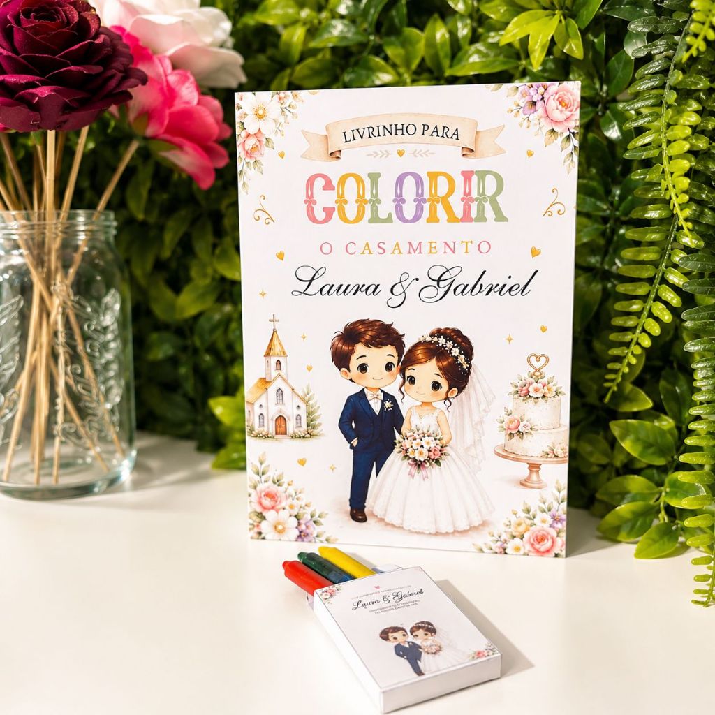 Livrinho para Colorir Casamento Personalizado com Giz de Cera – Lembrancinha Infantil