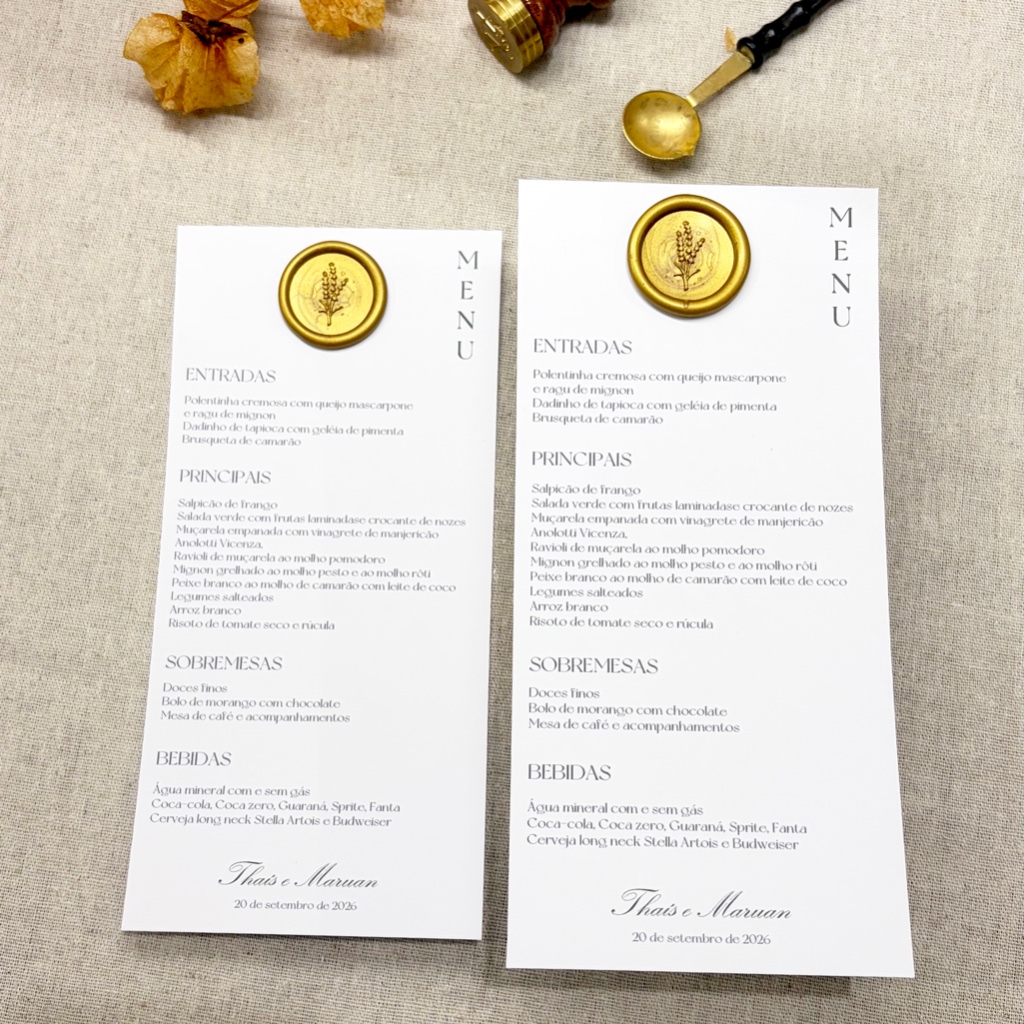 Cardápio Menu para Casamento Minimalista com Lacre de cera - 15 anos, festas, corporativo