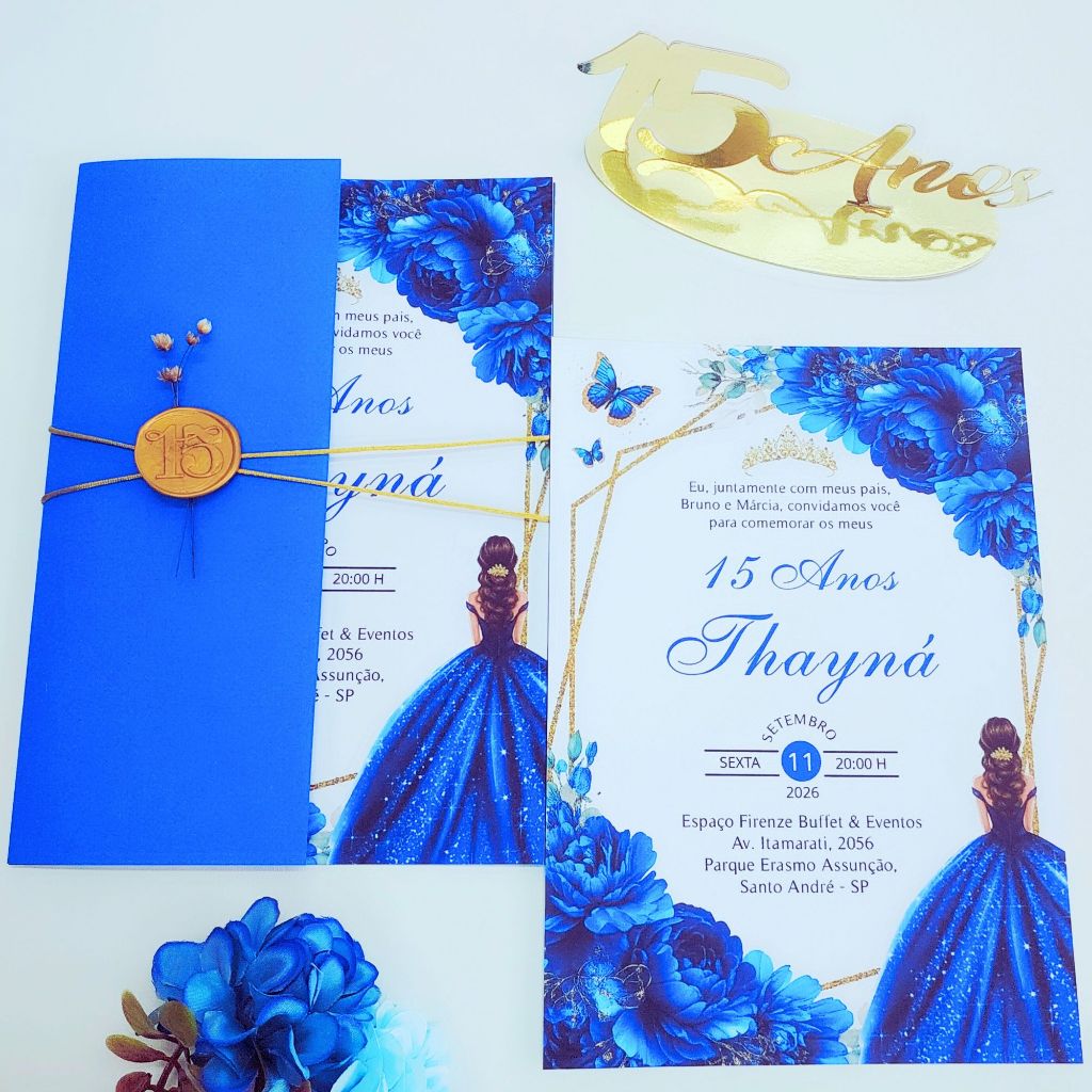 Convite 15 Anos Azul Royal com  Lacre de cera