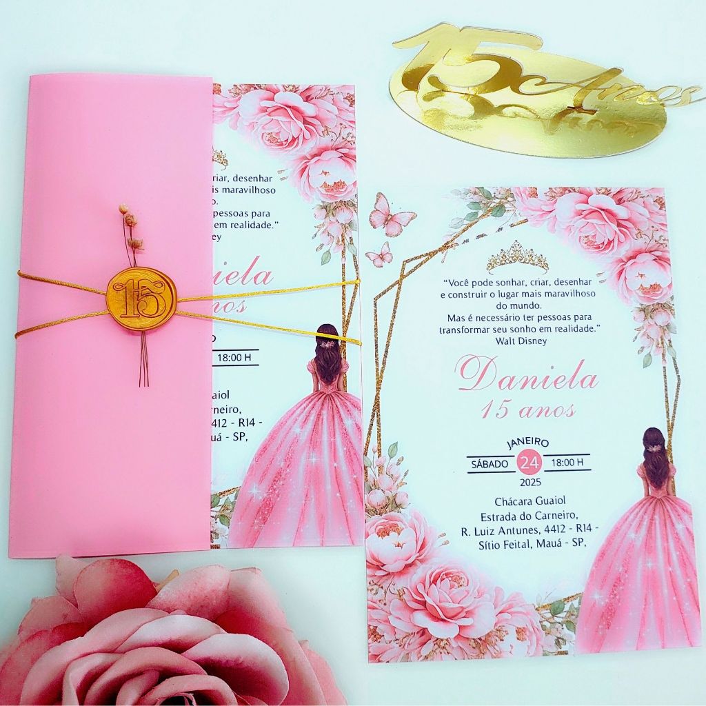 Convite 15 Anos Rosa com  Lacre de cera