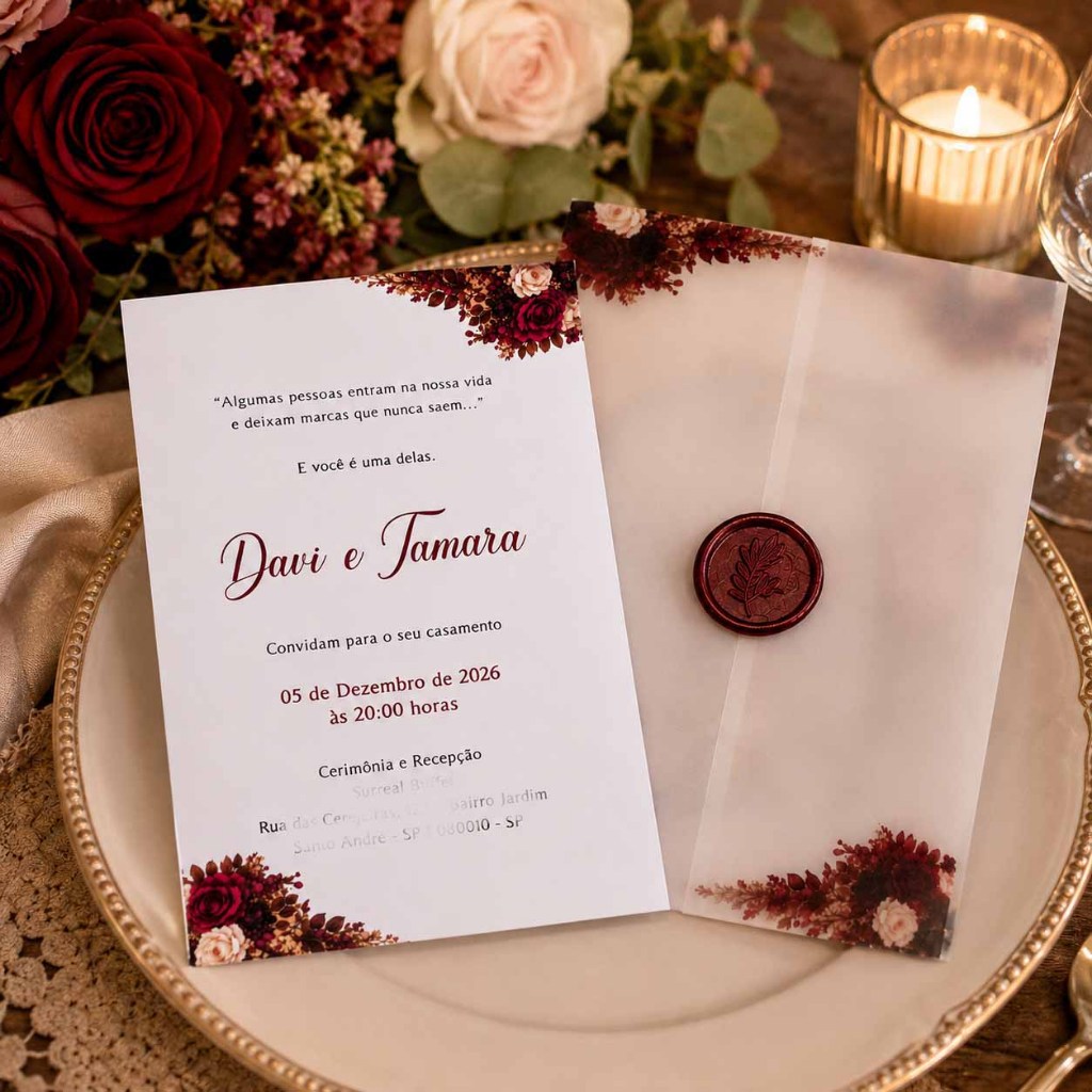 Convite De Casamento Personalizado Papel Vegetal Com Lacre De Cera