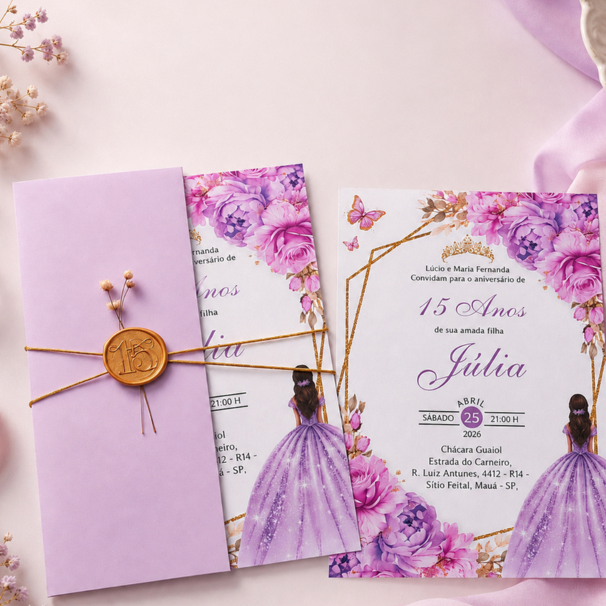 Convite Debutante 15 Anos Luxo Floral Personalizado com Lacre de Cera e Envelope (14x20cm)