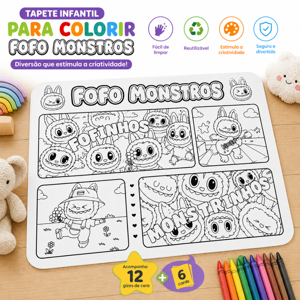 Tapete Infantil Para Colorir Monstros 64cm X 57cm Contém 6 Cards E 12 Gizes De Cera Fácil De Limpar
