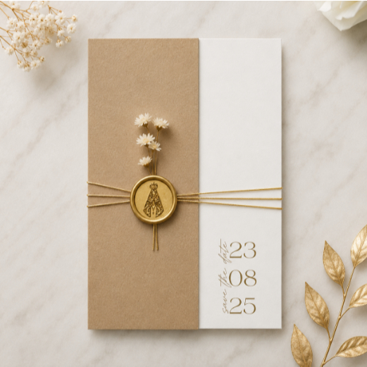 Convite Personalizado com Lacre de Cera Nossa Senhora Aparecida | Flores Secas, Fio de cetim ou Juta