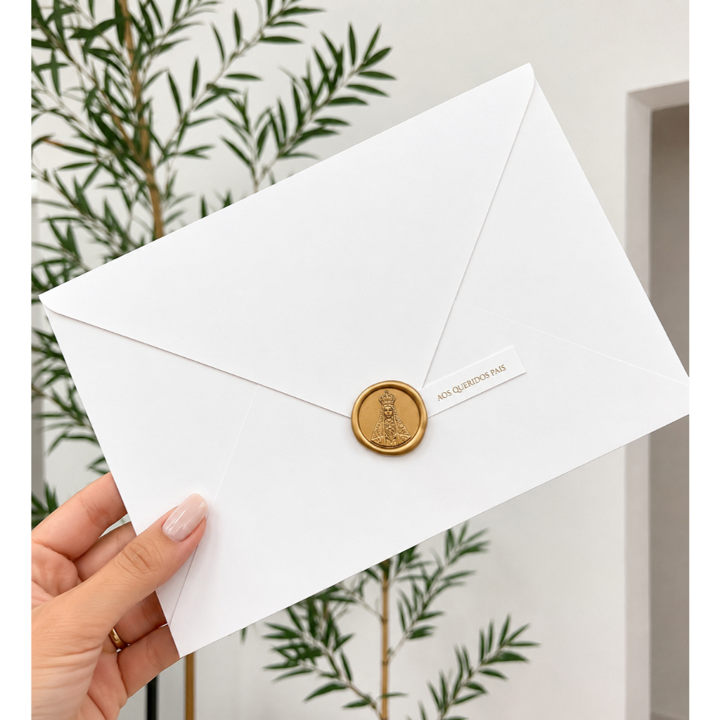 CONVITE DE CASAMENTO PREMIUM ESTILO ENVELOPE BRANCO COM LACRE DE CERA NOSSA SENHORA