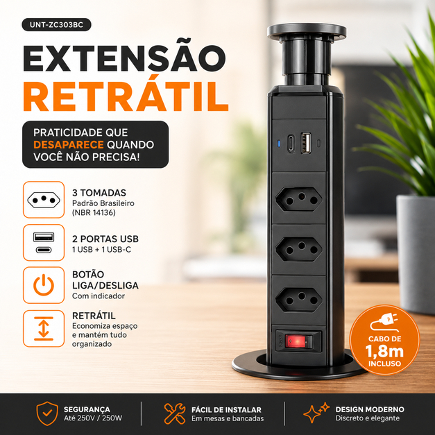 Tomada Retrátil de Embutir para Mesa Bancada 3 Tomadas + 2 USB Torre Extensão UNT-ZC303BC