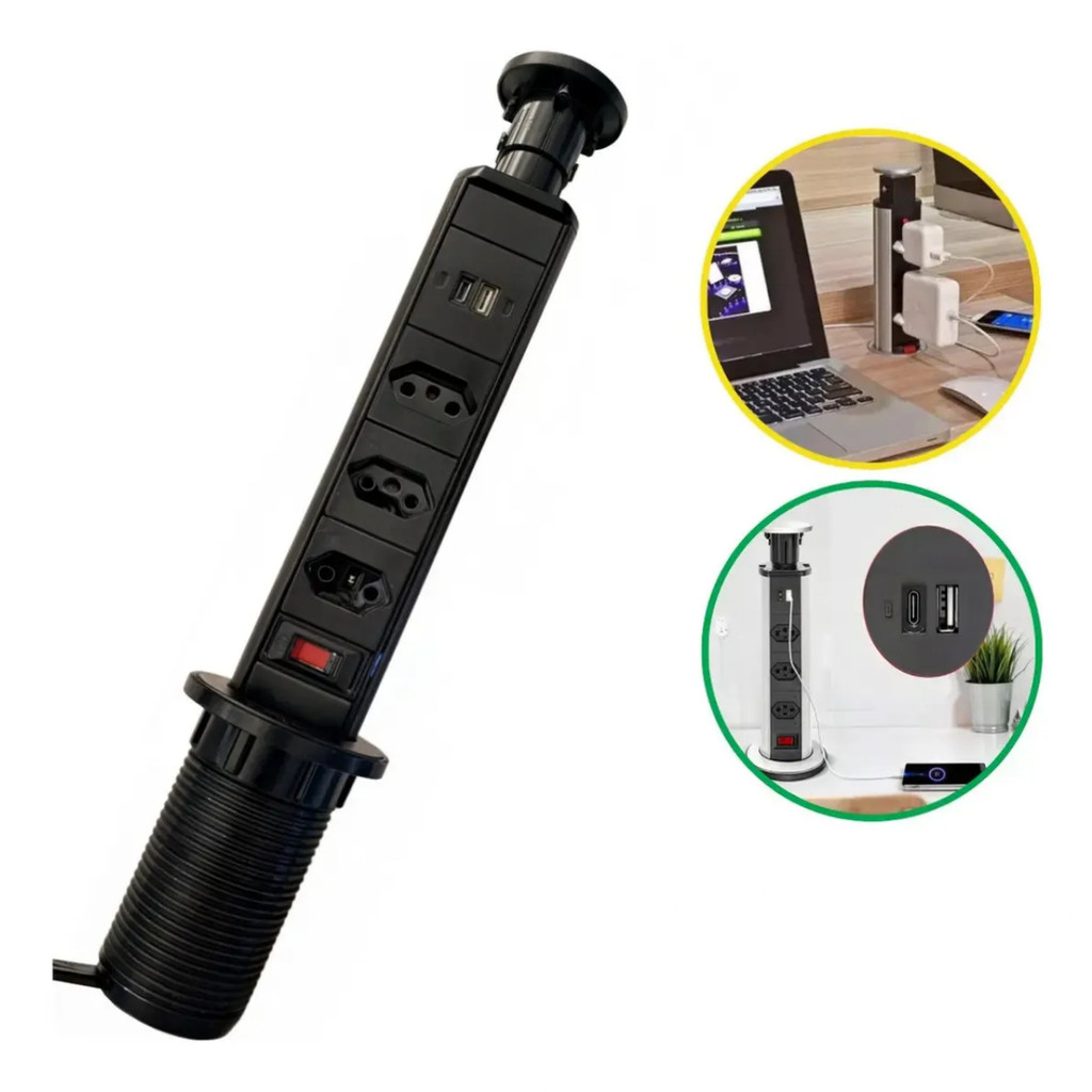 Extensão Retrátil 3 Tomadas Padrão + 2 USB Embutir Mesa Escritório Bancada - UNT-ZC303BC