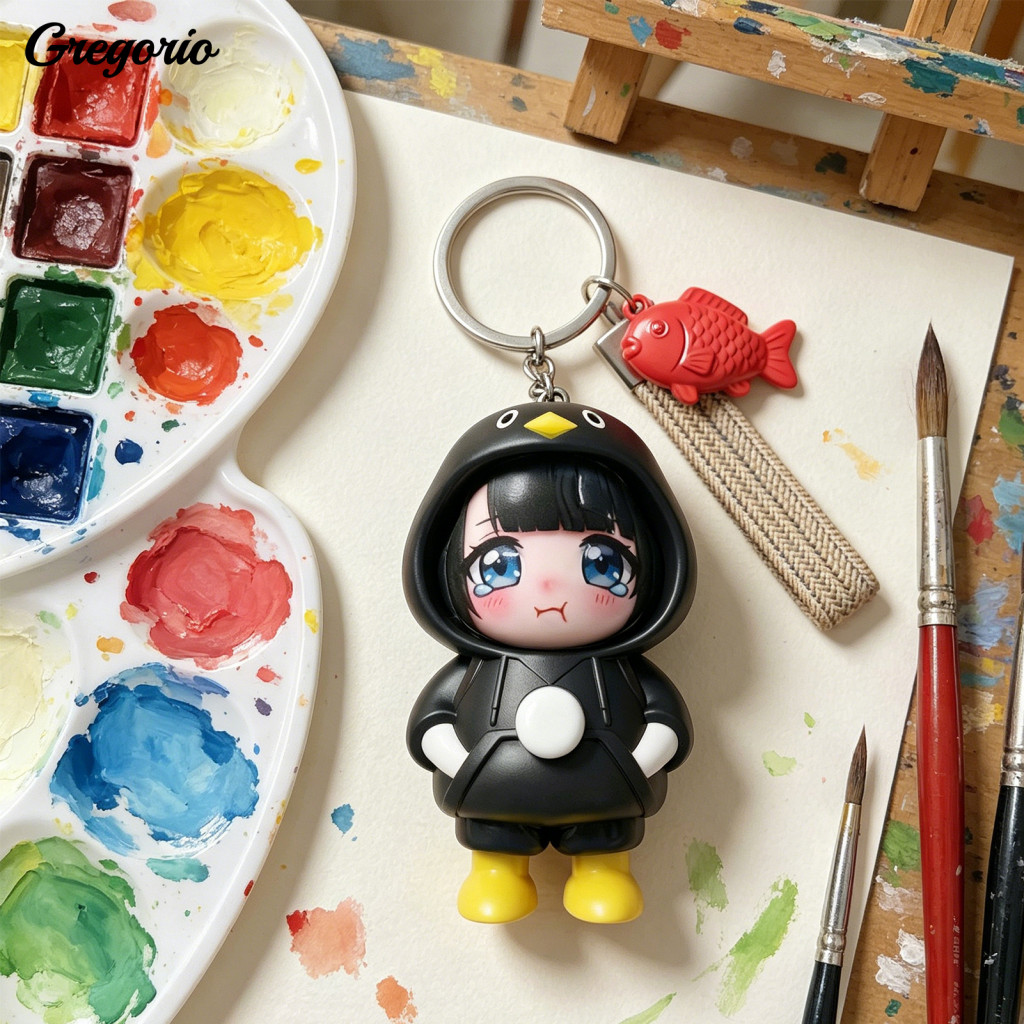Stress Relief Cartoon Girl Toy Expression Change Doll Face Changing Keychain with 3 Expressions – Penguin Costume Pend