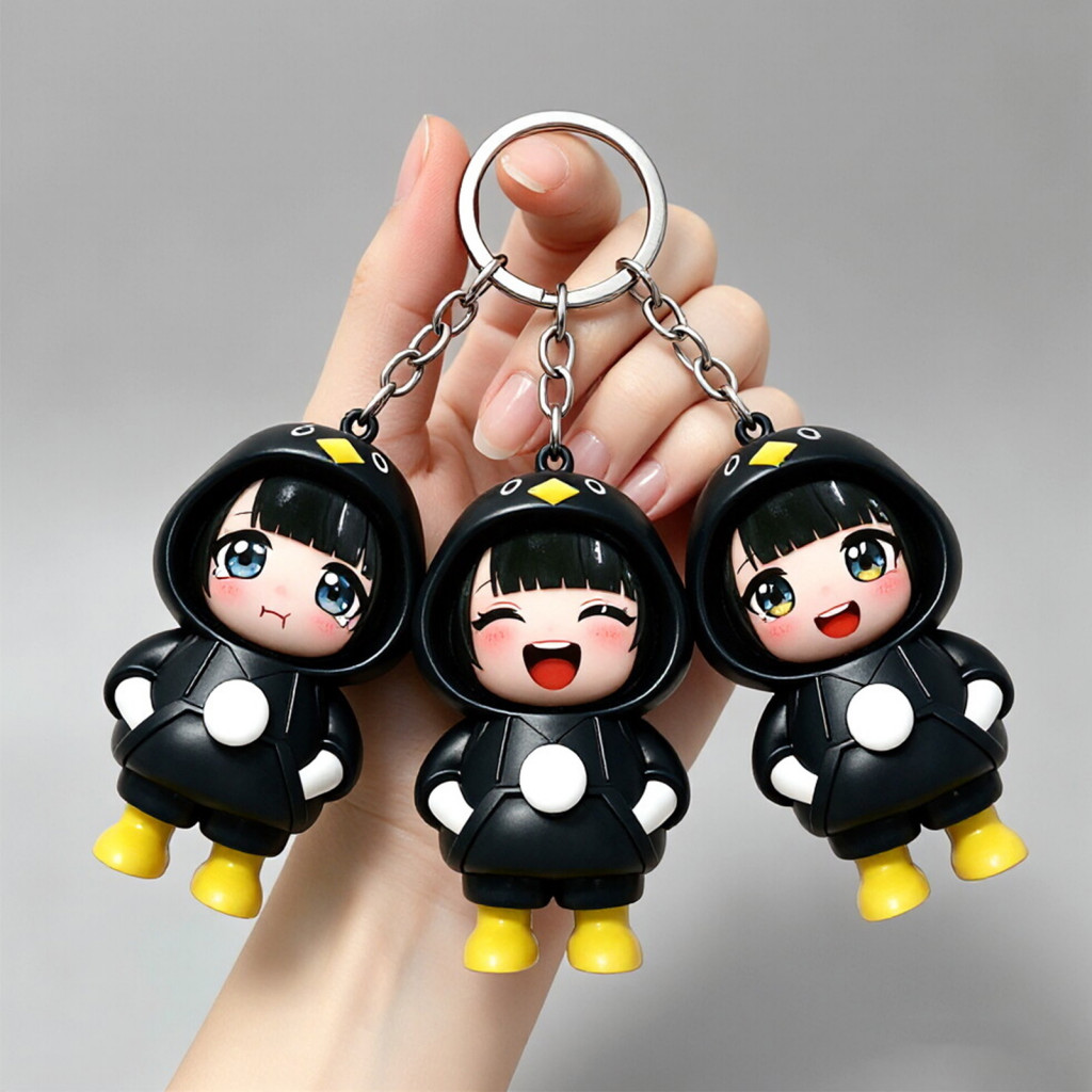 Expression Change Girl Doll Cartoon Purse Charm Face Changing Toy Keychain with 3 Expressions – Stress Relief Penguin