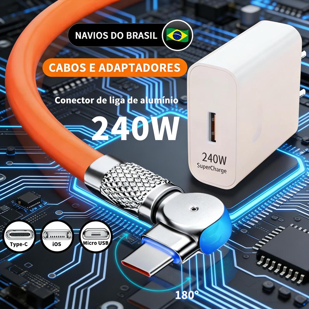 Carregador Super Rápido De 240 W Com 180 ° Cabo De Carregamento De Rotação Para Cabos Giratórios Tipo C Micro USB iOS 1.