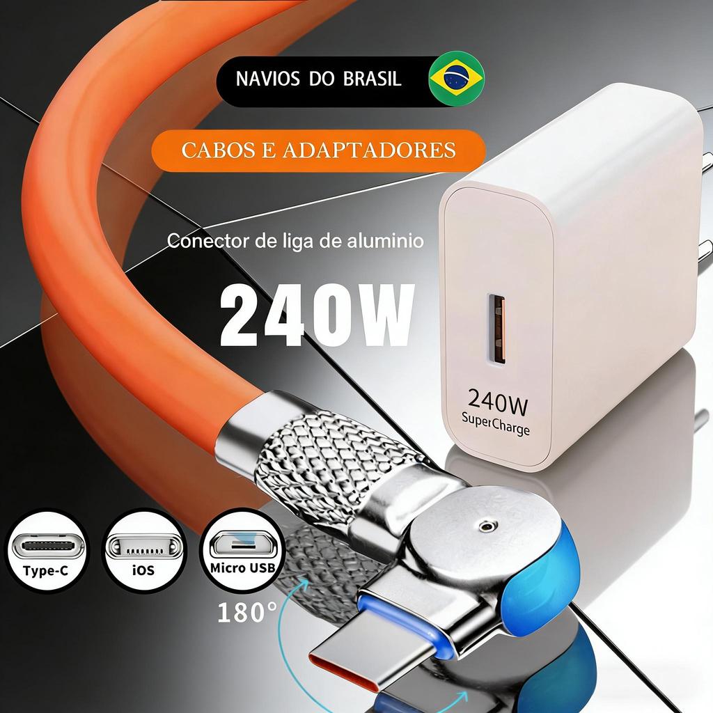 Carregador Super Rápido De 240 W Com 180 ° Cabo De Carregamento De Rotação Para Cabos Giratórios Tipo C Micro USB iOS Mo