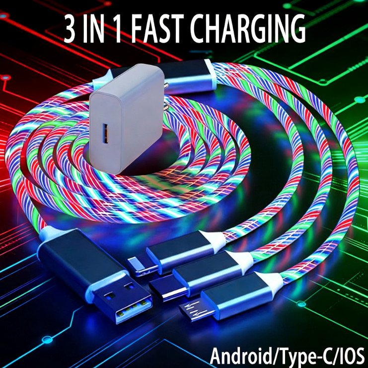 Carregador Rápido De 240 W Com Cabo USB De Luz De Fluxo LED 3 Em 1 Para Cabos De Carregamento Micro IOS Streamer Tipo C