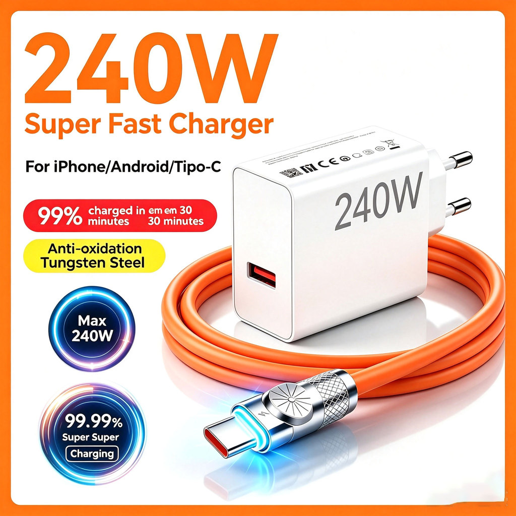 Carregador Rápido De 240 W Com Cabo USB C 6A 1 M Para Mi Turbo Charge Power + Tipo IOS Micro V8