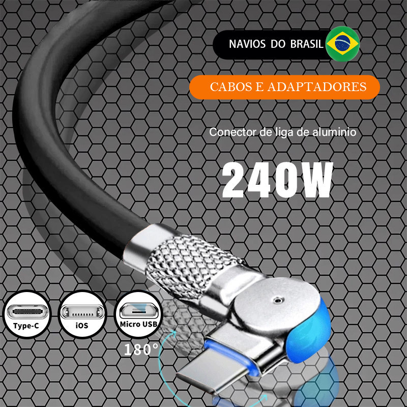 Cabo de carregamento rápido de silicone de 240 W com rotação de 360° e conector Tipo C V8