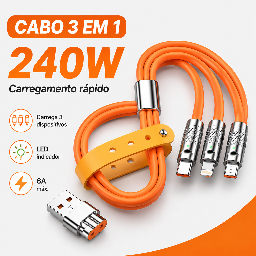 Cabo de carregamento rápido com rotação de 360°, carregador tipo C, V8 iOS, compatível com iPhone, Samsung, Motorola,240