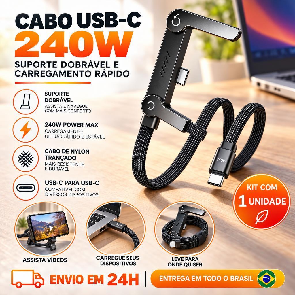 Cabo De Carregamento 2 Em 1 Tipo C De 240W-Suporte De Telefone Integrado Perfeito Para Jogos E Uso Carro
