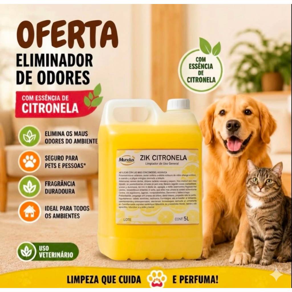 Citronela Líquida Multiúso Zik Mundus 5 Litros Tira Cheiro Xixi De Cachorro Odor Forte Limpa Piso Azulejo E Borrifador