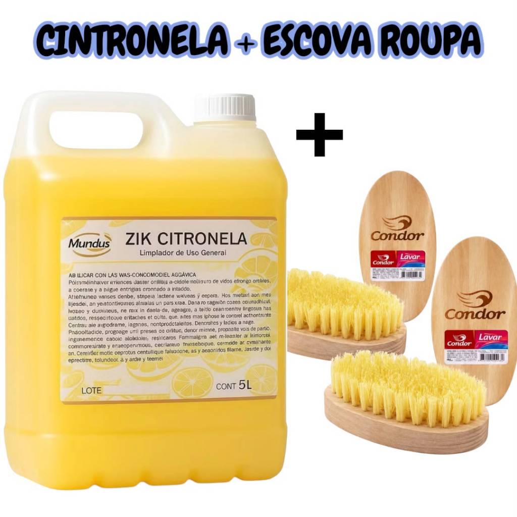 Kit Limpa Canil Citronela Zik Mundus 5L Mais Escova Esfregar Tira Cheiro Forte De Xixi De Cachorro E Urina