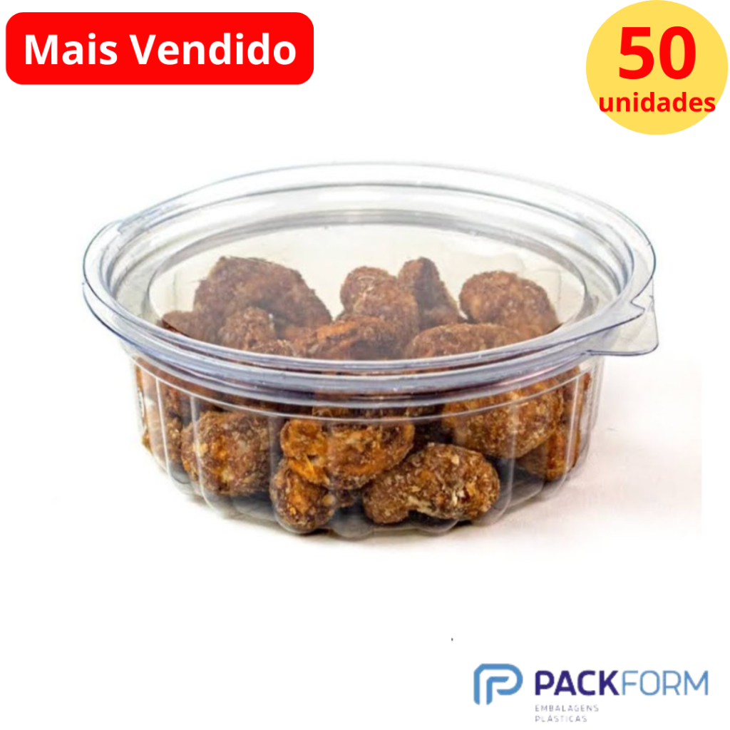 50 Unid Embalagem Pote Redondo 250ml com Tampa Articulada Packform PF 742