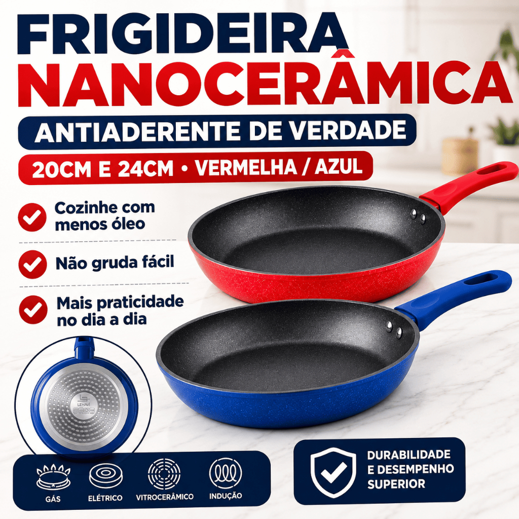 🍳 Frigideira Nanocerâmica Antiaderente 20cm 24cm Indução Gás Elétrico Soft Touch Vermelha Azul