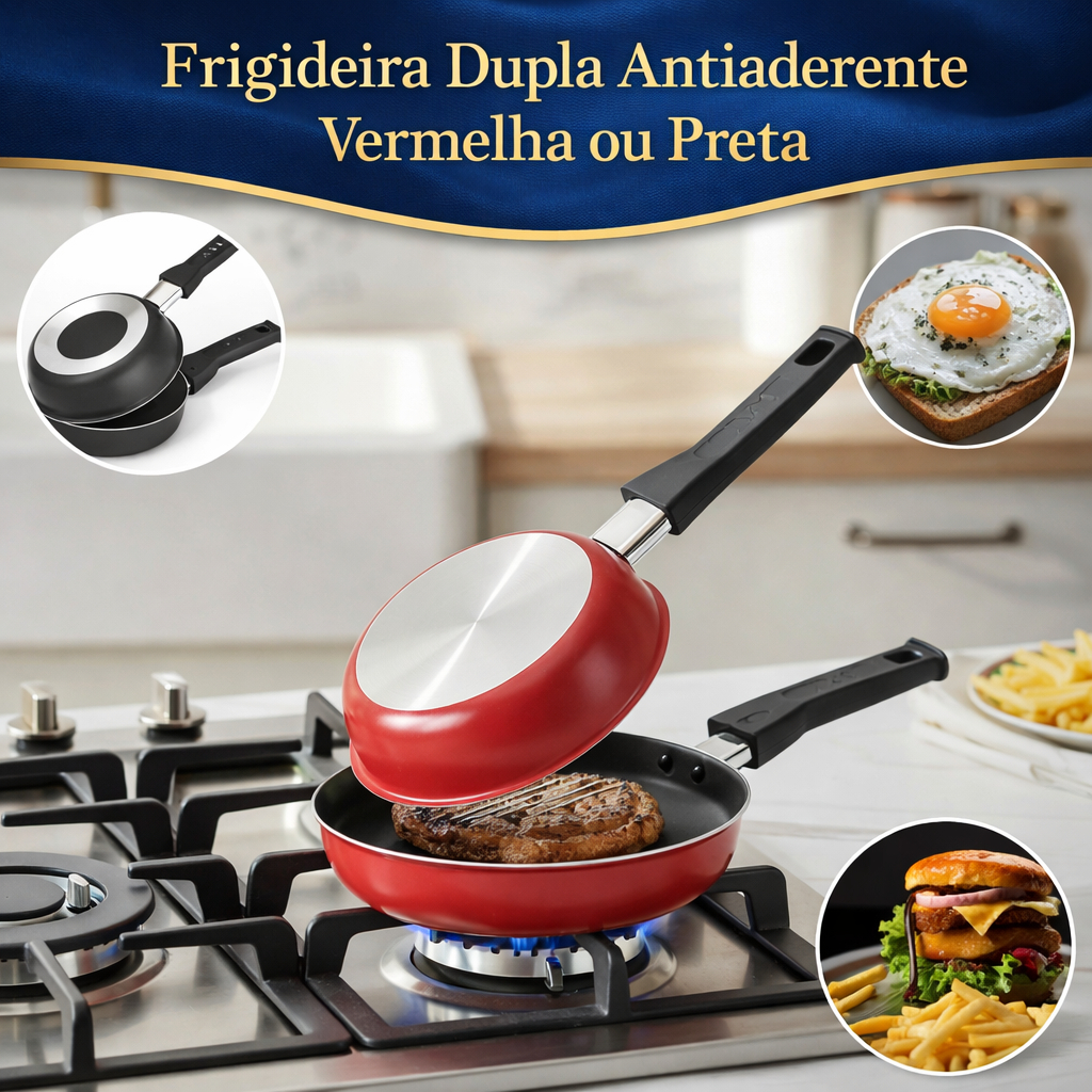 Frigideira Dupla Antiaderente Hamburgueira Omelete 14cm Vermelha ou Preta Alumínio Lanches Refeição