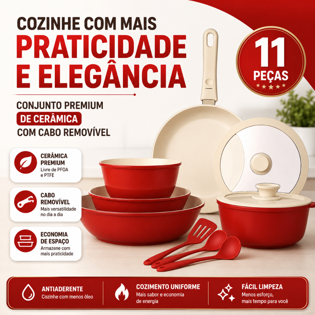 Conjunto de Panelas de Cerâmica 11 Peças Cabo Removível Premium Antiaderente Indução Vermelha