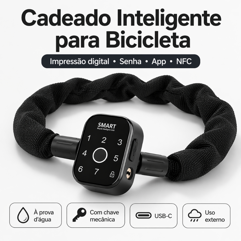 Cadeado Inteligente Bicicleta e Moto, Impressão Digital, Senha, Bluetooth, NFC, App, Antifurto