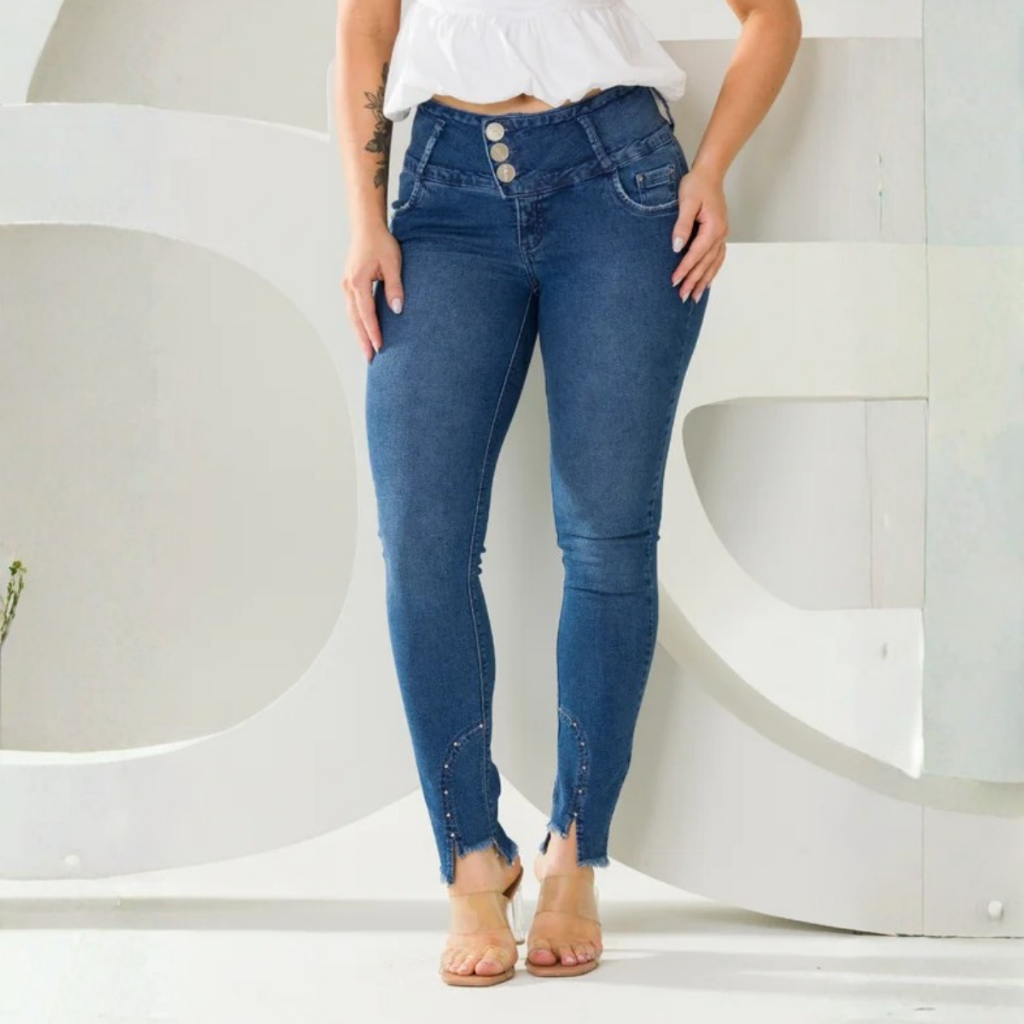 Calça Feminina Jeans Cigarrete Modeladora Barra Desfiada Cintura Alta Cós Largo Barra Personalizada