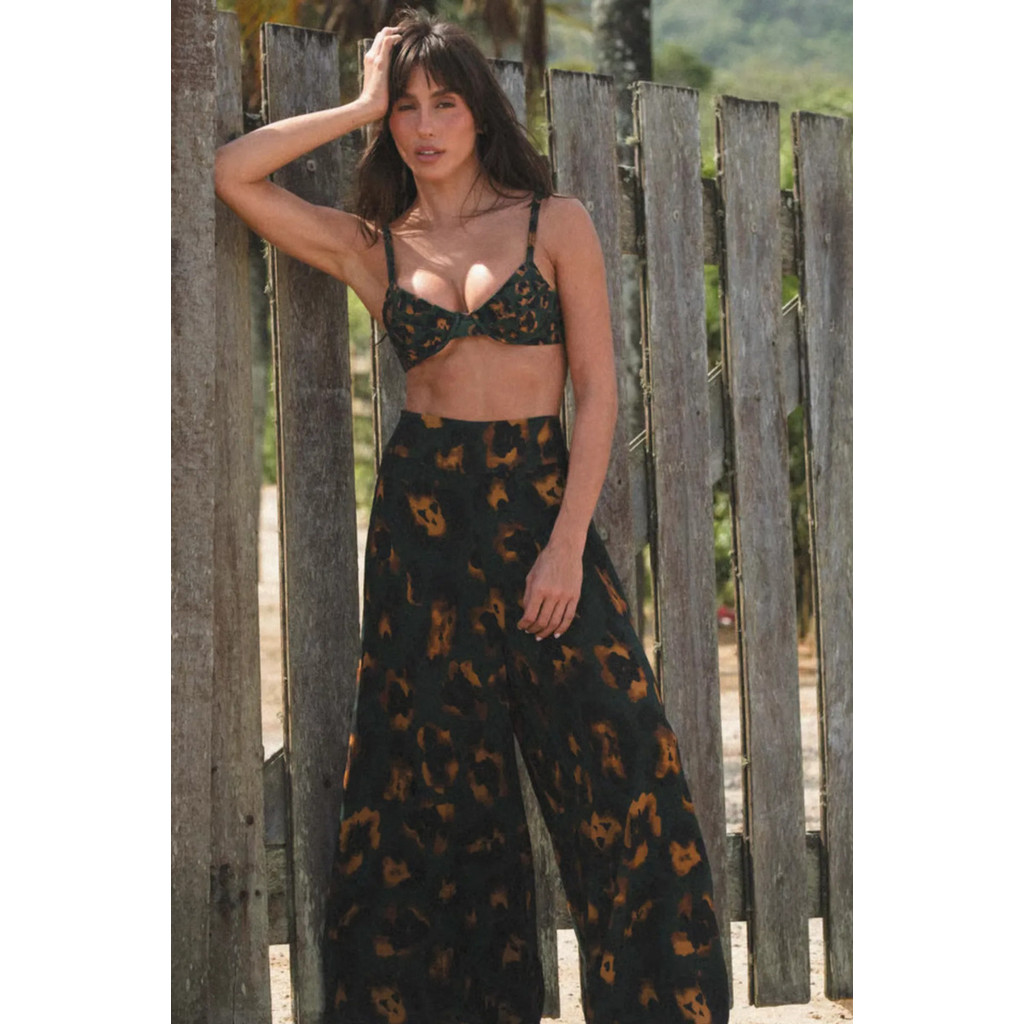 Calça Pantalona Feminina Luna Savana Cintura Alta Viscose Leve Fluida Moda Verão Praia Resort Casual Via Sol Brazil