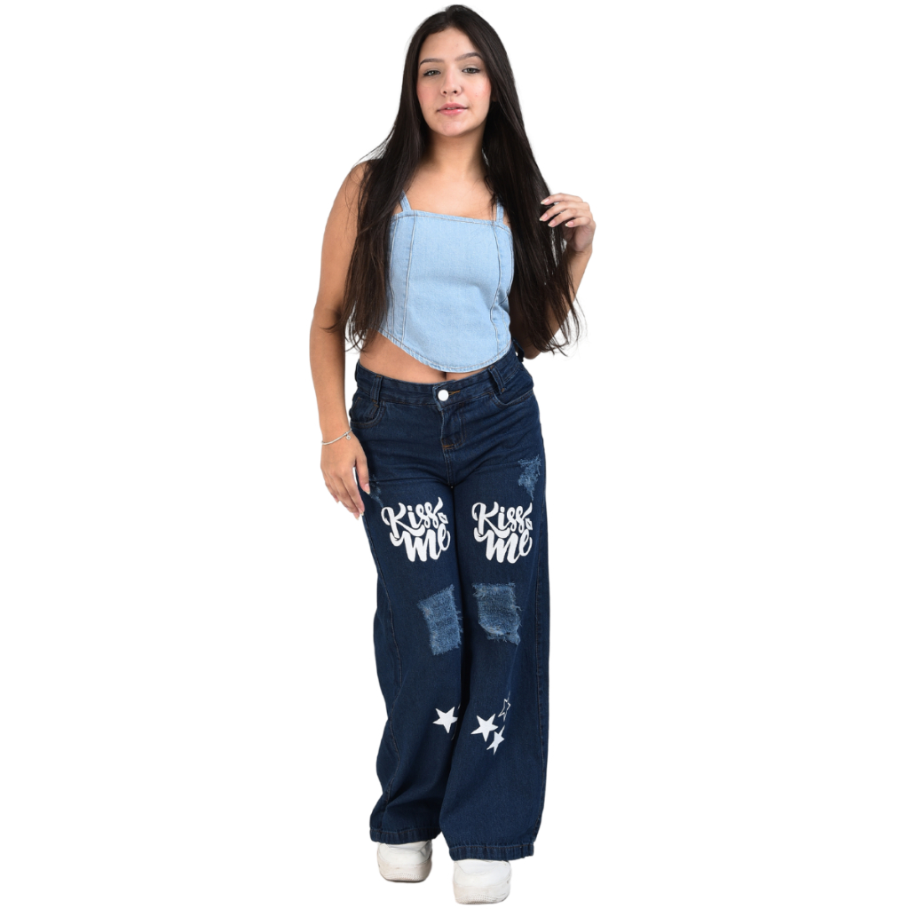 Calça Pantalona Jeans Menina Juvenil  Wide Leg Cintura Alta com Bolsos Estilo Tumblr