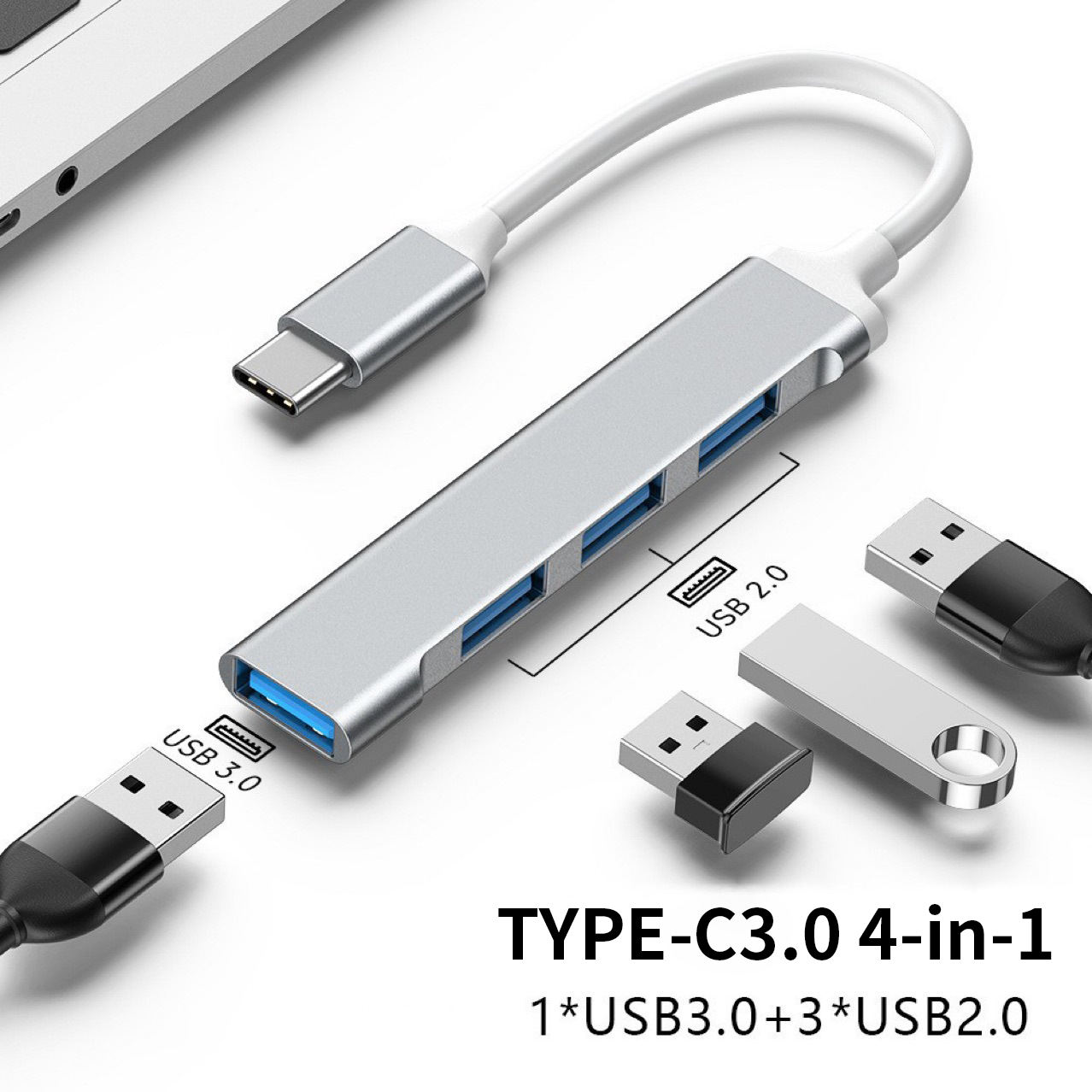 Adaptador de Hub USB 3.0 de Tipo C para 4 portas USB, divisor de carregador de alta velocidade para laptop e PC.