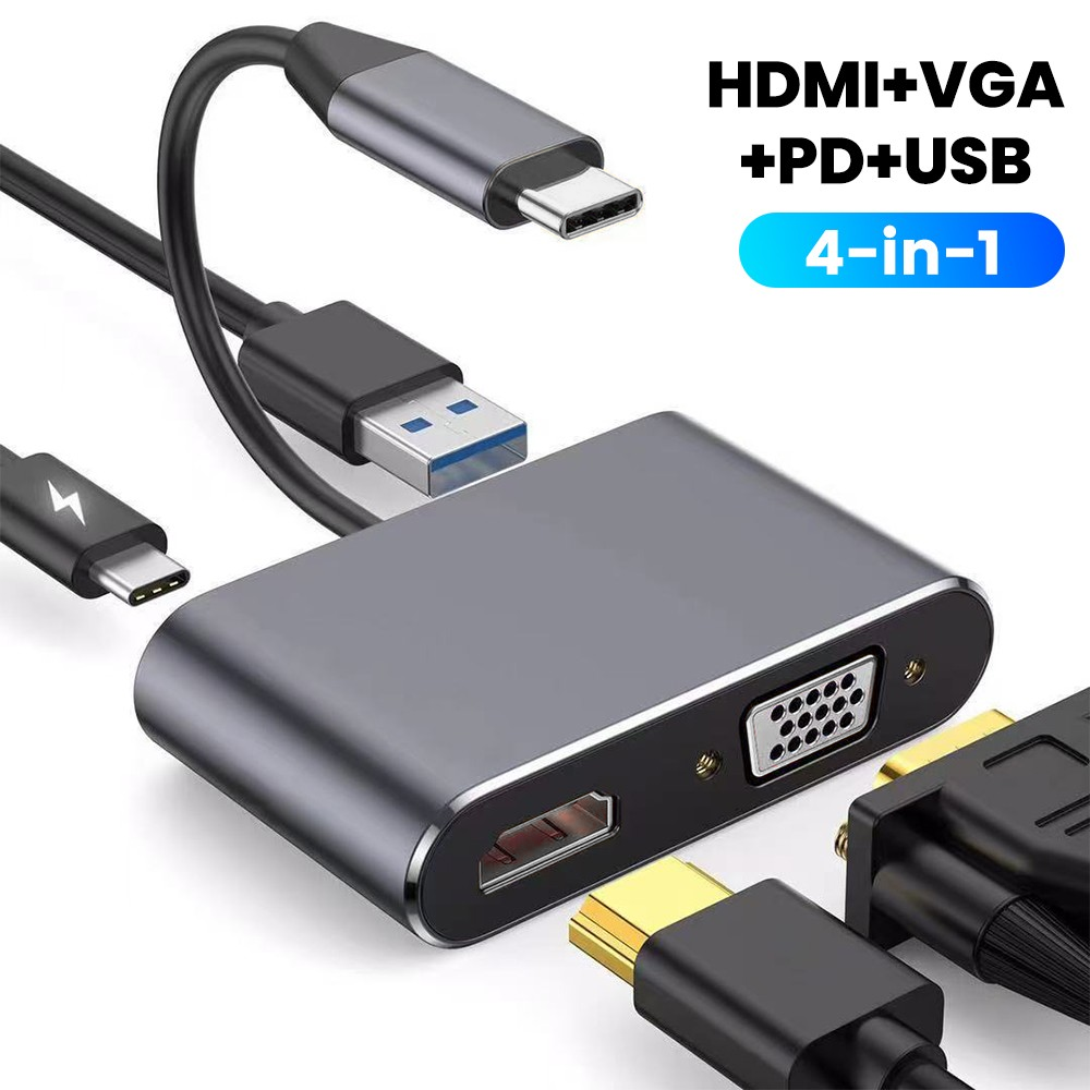 Novo Hub Usb 4 Em 1 Com Porta Vga, Adaptador Hdmi 4k, Carregamento Pd Para Laptop E Divisor Tipo C