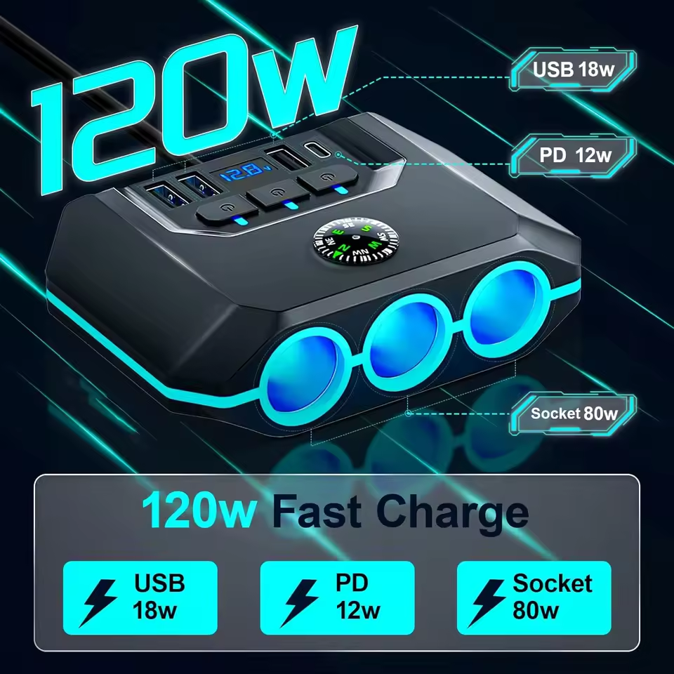Carro 120W 12-24V Carregador De Tipo C Divisor Adaptador Auto USB PD Tomada De Energia Com Liga/Desliga LED Charuto