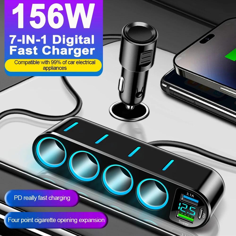 7 Em 1 Divisor De Tomada De Isqueiro De Carro 156W Com Porta USB Dupla PD Adaptador De Carregador De Telefone Rápido Vol