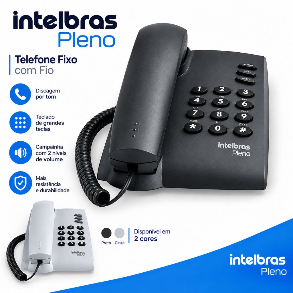 Telefone Fixo Intelbras Pleno S/Chave Bloqueio Preto, Cinza Idoso Tátil Mesa ou Parede
