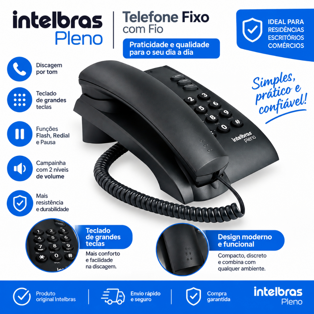 Telefone Fixo Intelbras Pleno Sem Chave de Bloqueio Grafite Tecla Tátil
