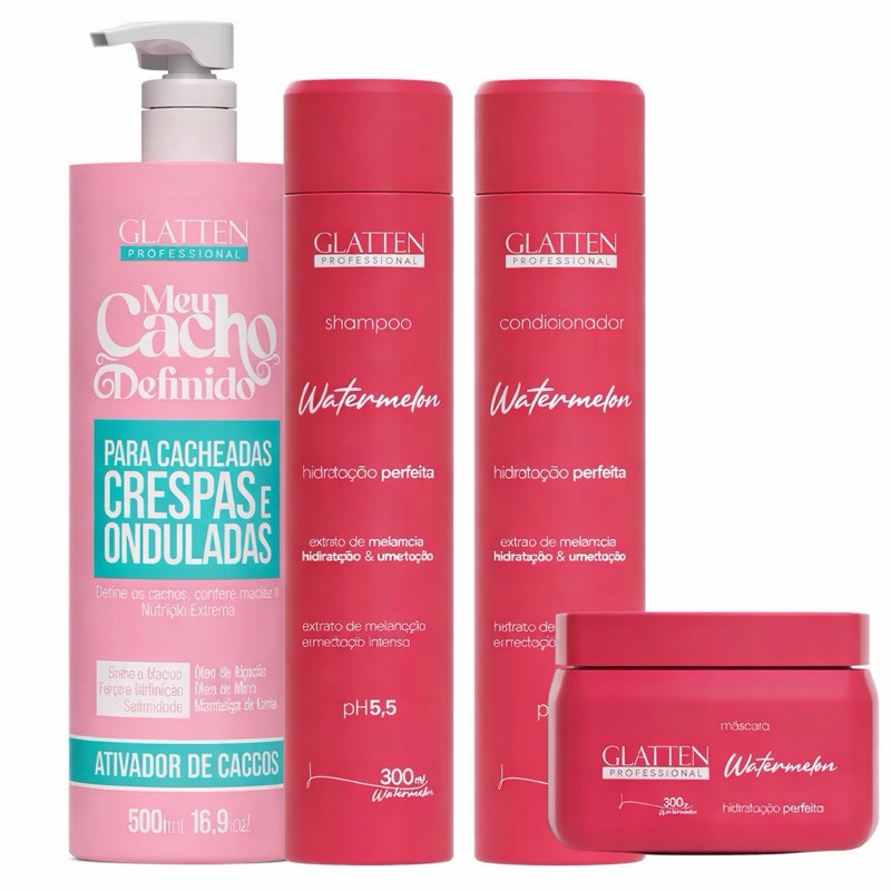 Kit Glatten Cachos Definidos Meu Cacho Definido + Watermelon Hidratação Sem Frizz Cacheados Crespos