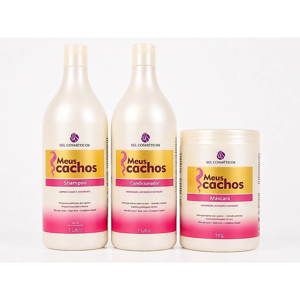 Kit Cabelos Cacheados Meus Cachos 3 Passos SEL Cosméticos Shampoo 1L Condicionador 1L e Máscara 1kg Definição