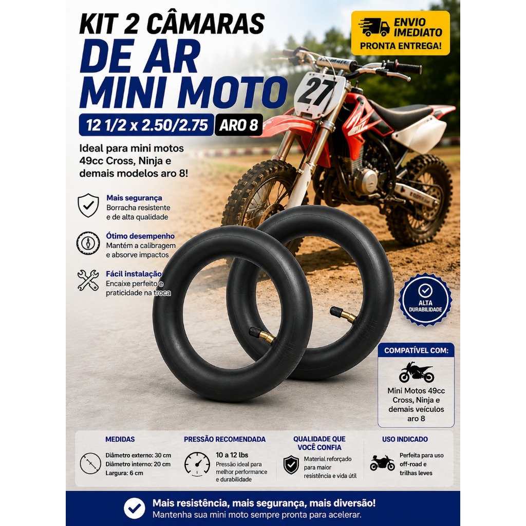 Kit 2 Câmaras de Ar Mini Moto 49cc Cross Ninja 12 1/2 Aro 8 2.50/2.75