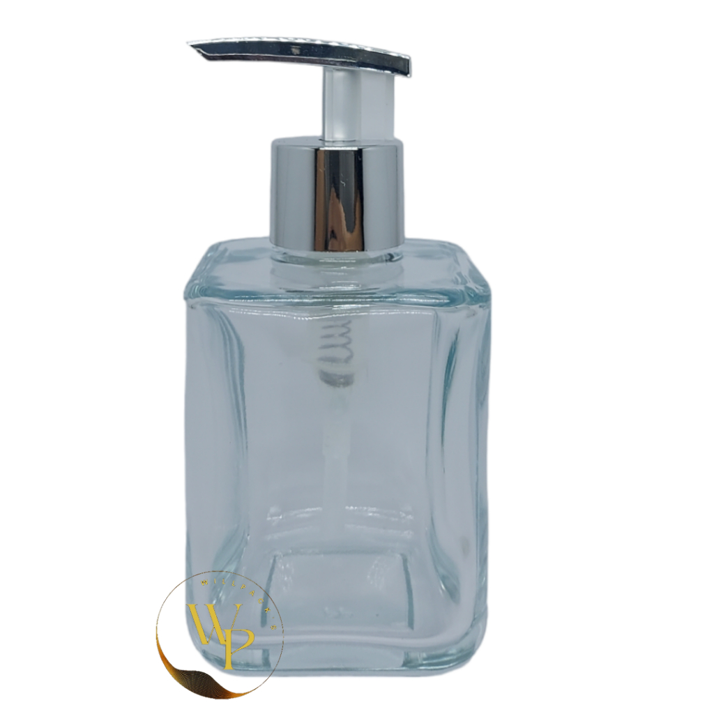 Frasco Saboneteira de Vidro Quadrado c/ Bordas Arredondadas 250ml Com Válvula Bico de Pato Metalizada 28/410